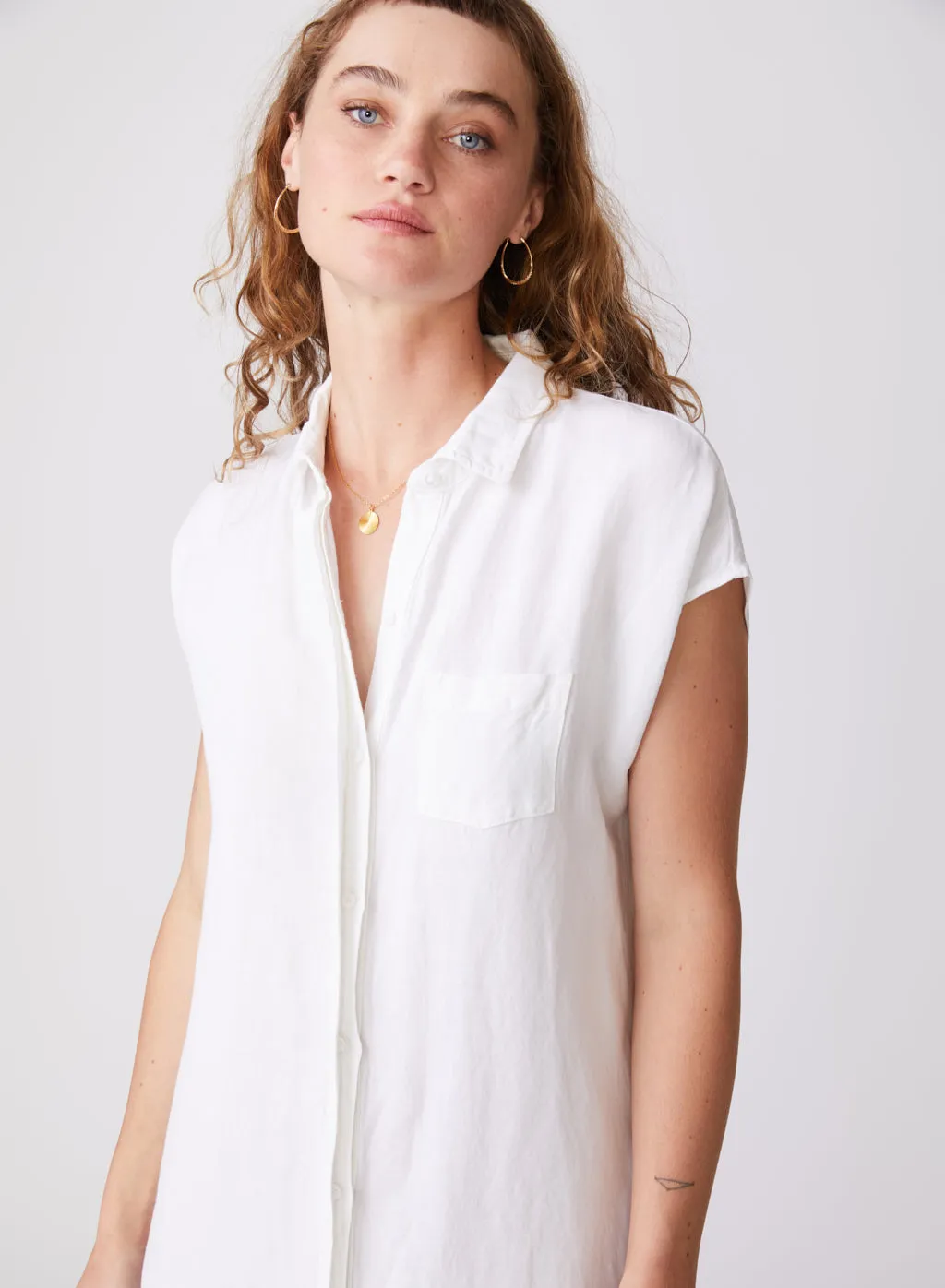 Linen Short Sleeve Maxi Shirt Dress in White