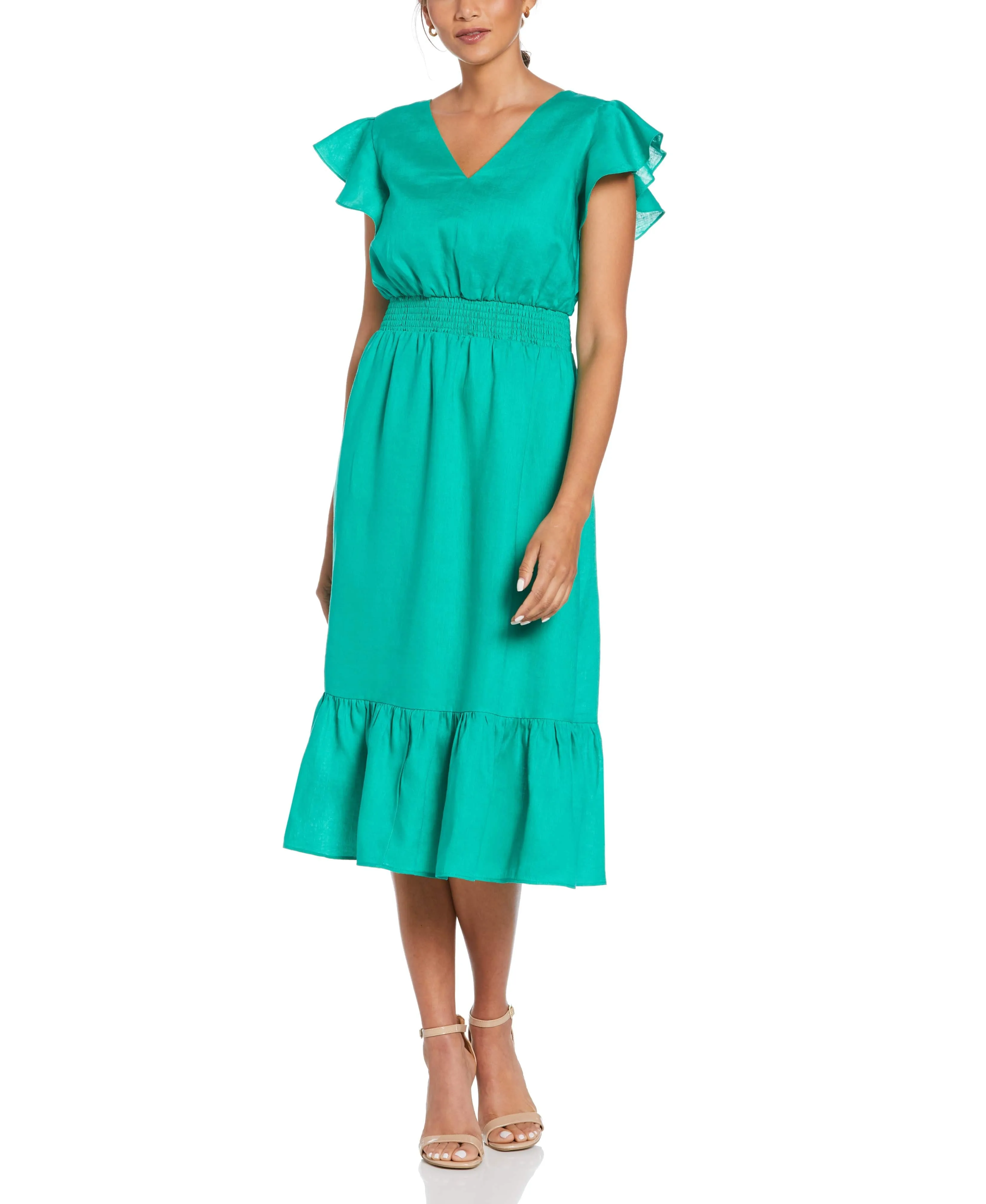 Linen V-Neck Ruffle Sleeve Maxi Dress