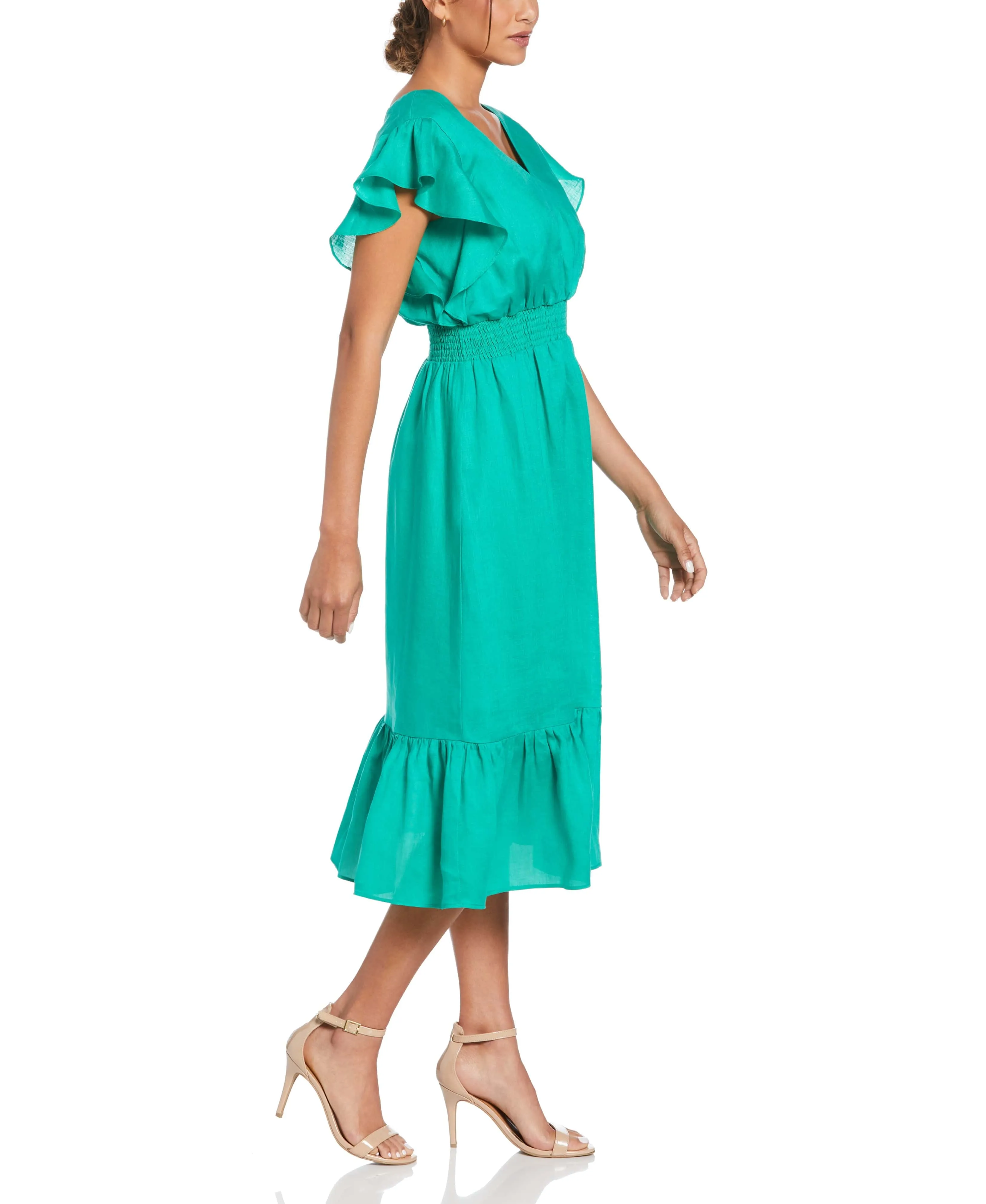 Linen V-Neck Ruffle Sleeve Maxi Dress