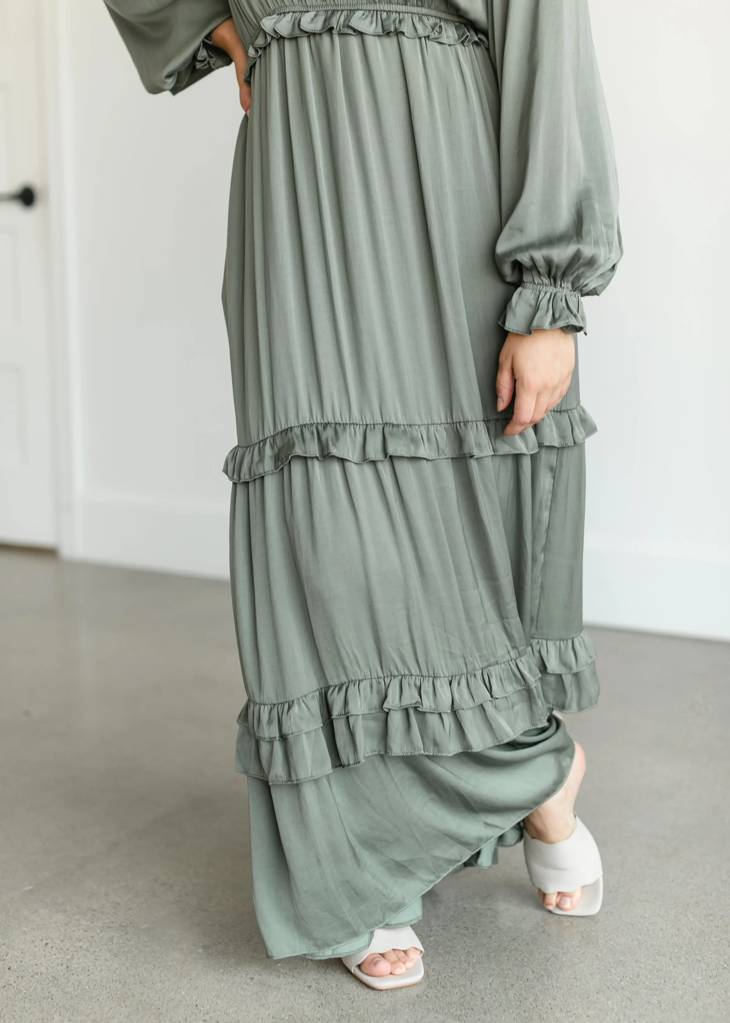 Long Sleeve V-neck Satin Maxi Dress - FINAL SALE