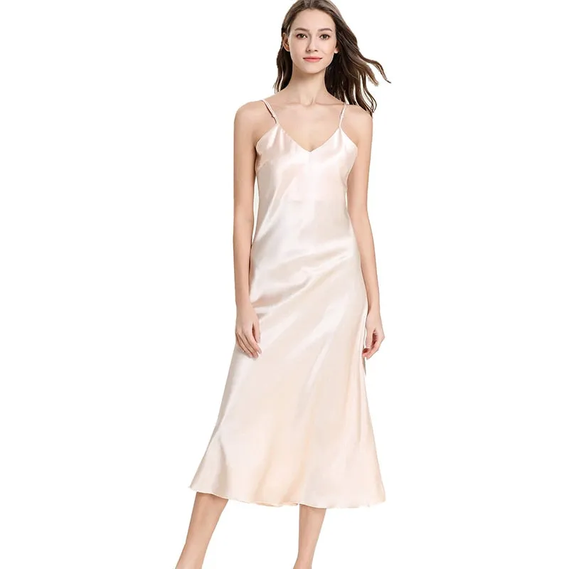 Long Slip Sleep Dress Silk V Neck Sleepwear Solid Color Nightwear