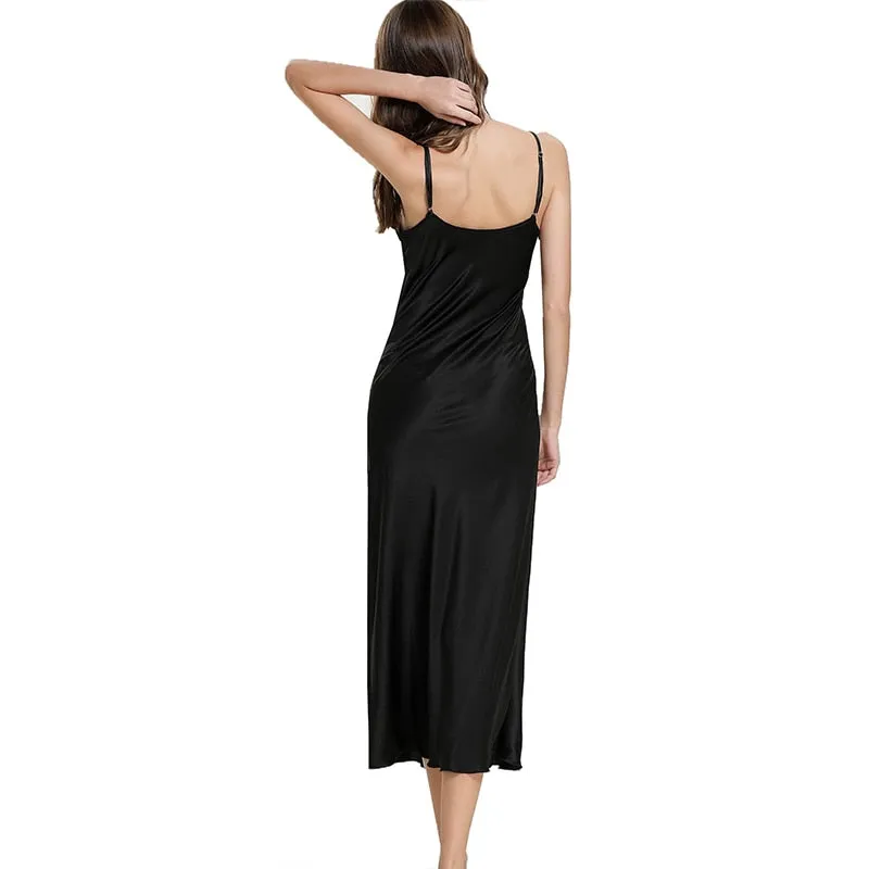 Long Slip Sleep Dress Silk V Neck Sleepwear Solid Color Nightwear