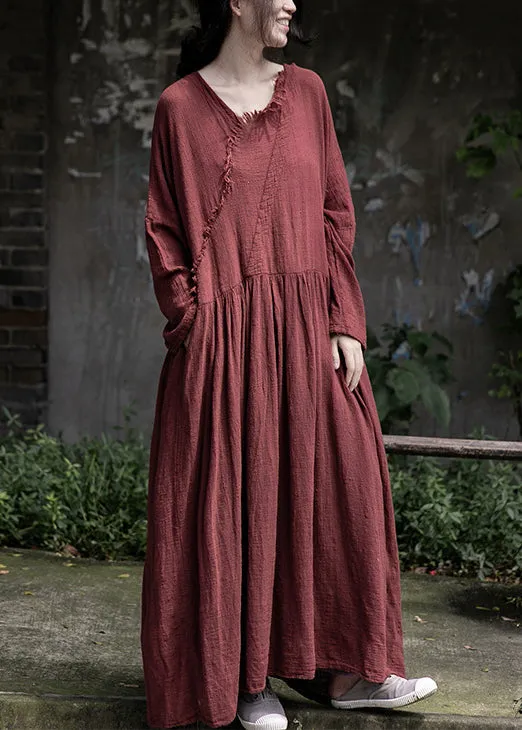 Loose Red Wrinkled Pockets Cotton Maxi Dress Long Sleeve