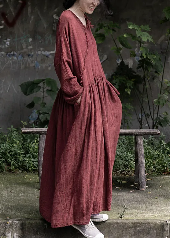 Loose Red Wrinkled Pockets Cotton Maxi Dress Long Sleeve