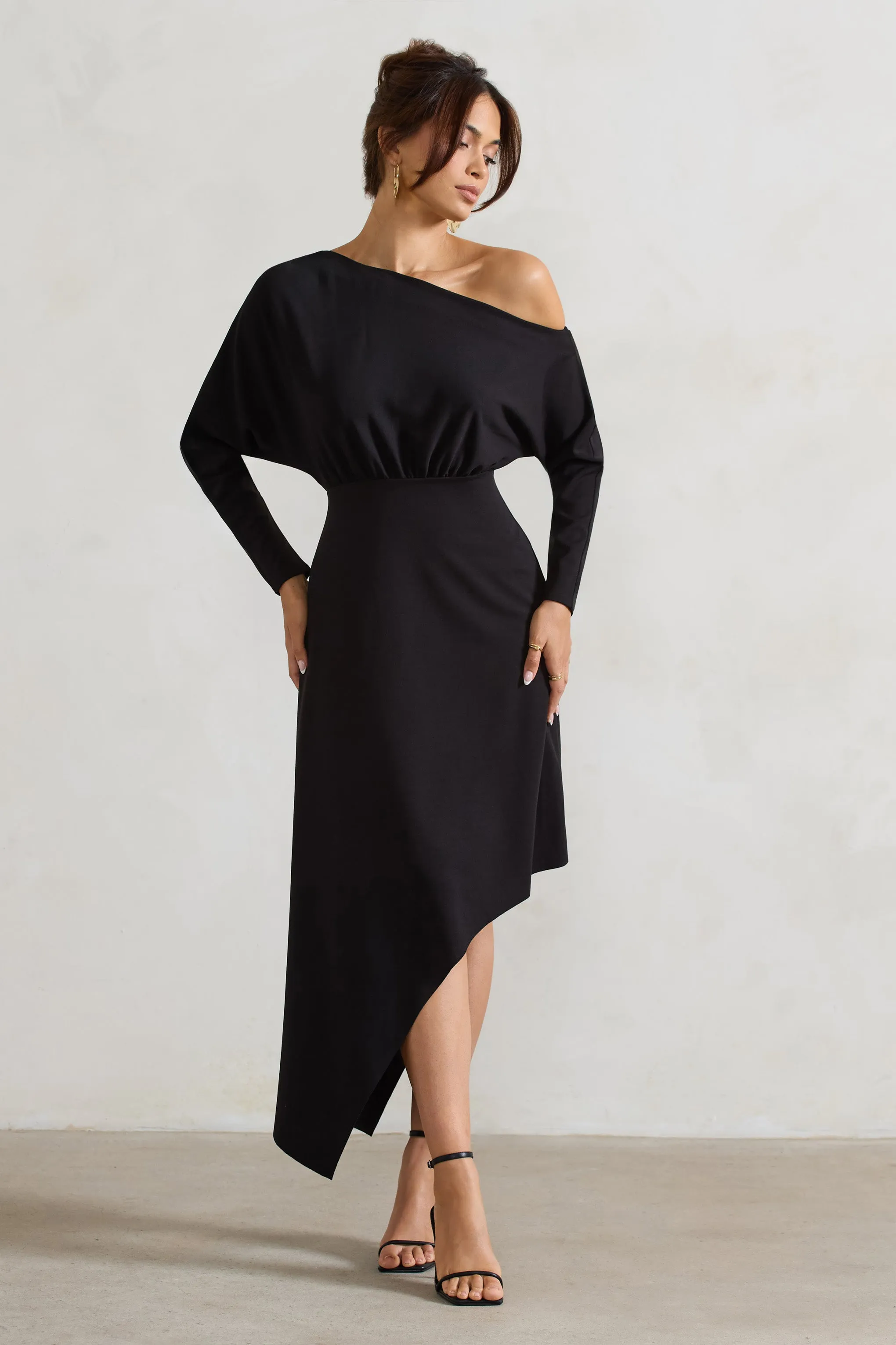 Lori | Black Asymmetric Long-Sleeve Maxi Dress