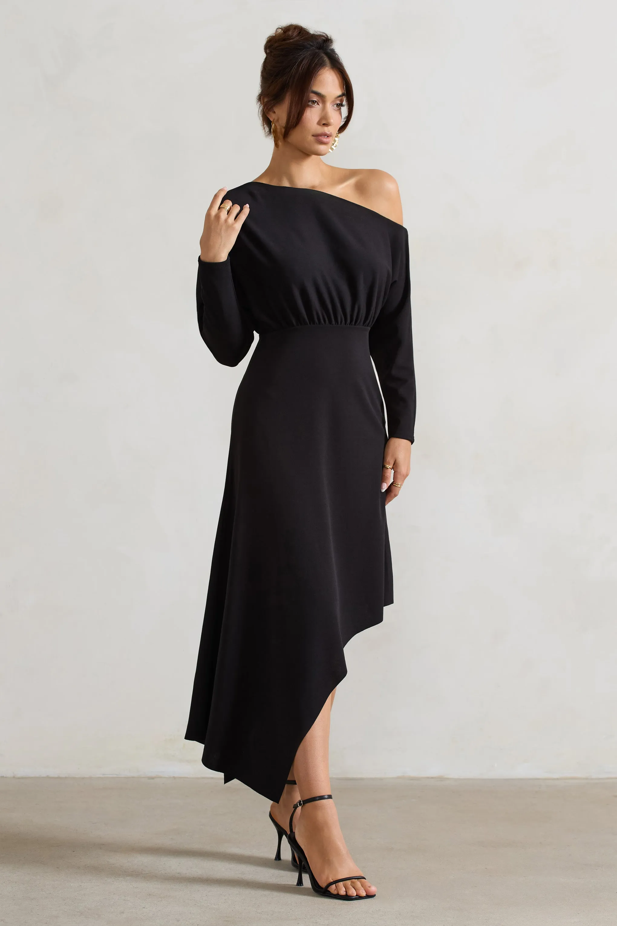 Lori | Black Asymmetric Long-Sleeve Maxi Dress