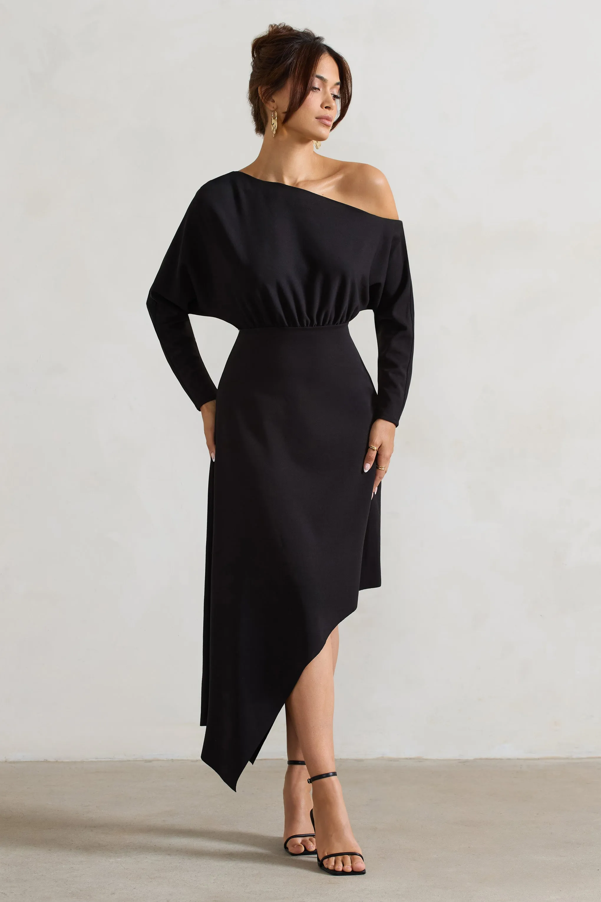 Lori | Black Asymmetric Long-Sleeve Maxi Dress