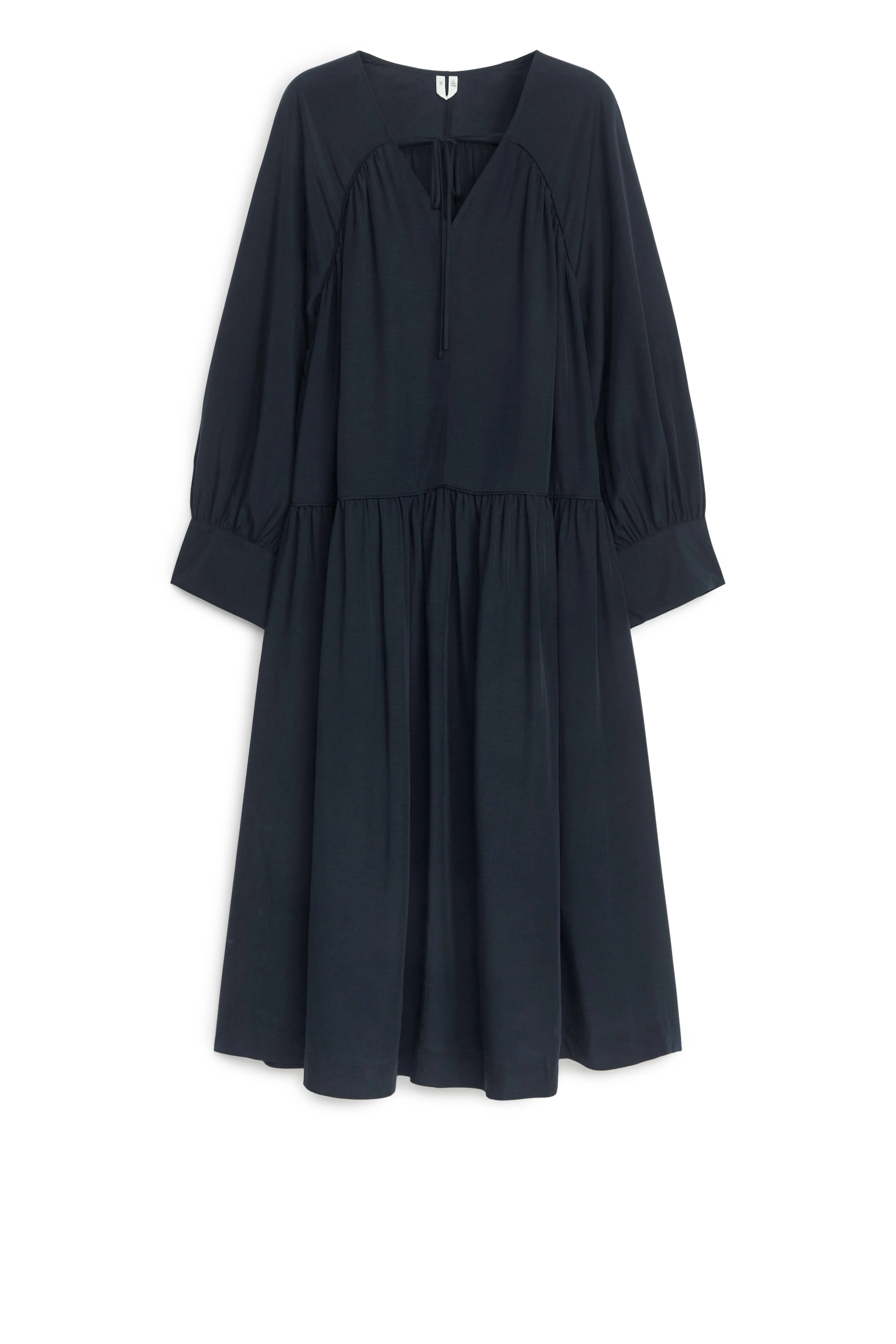 Lyocell-Linen Maxi Dress - V-neck - Long sleeve - Dark Blue - Ladies | H&M GB