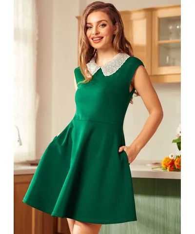 ModCloth Vinyl Vibes Jeweled Collar Fit & Flare Dress in Emerald Enchantment