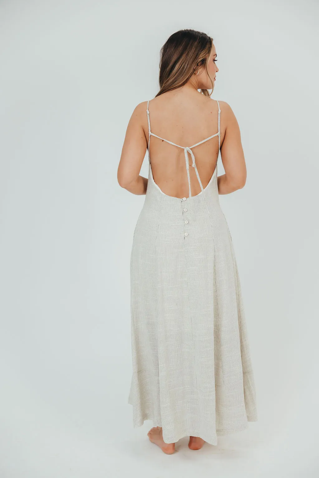 Natalia Striped Linen-Blend Maxi Dress with Open Back in Natural Stripe