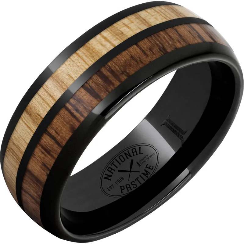 National Pastime Collection Black Diamond Ceramic Dome Ring with Hickory and White Ash Vintage Baseball Bat Wood Inlays