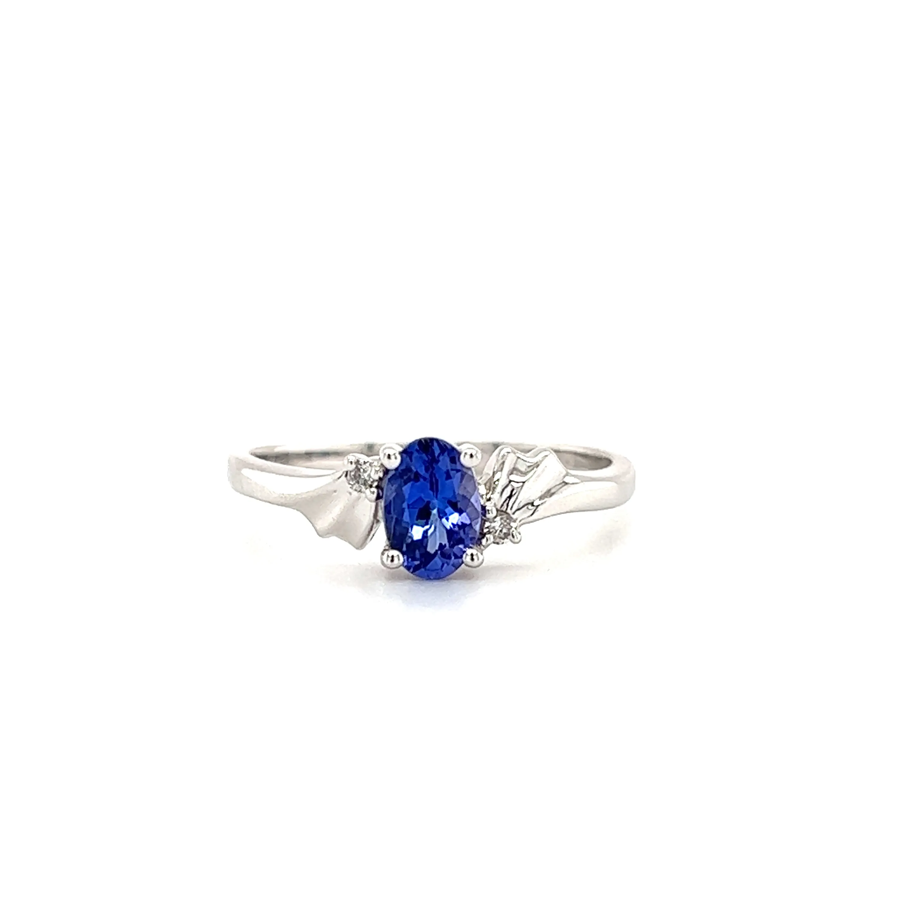 Oval Tanzanite Ring with Two Side Diamonds in 14K White Gold