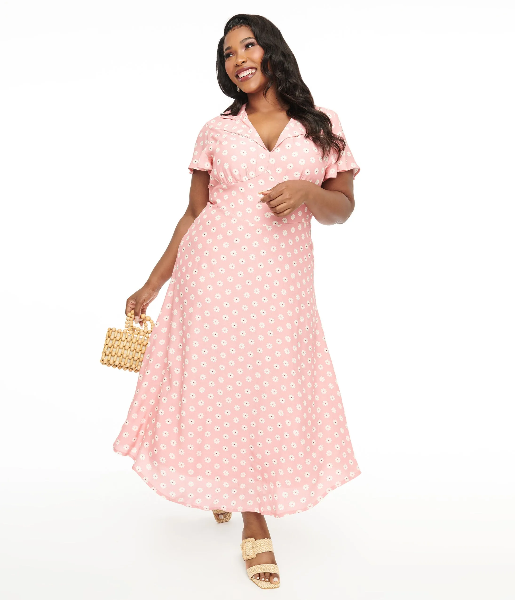 Plus Size 1930s Pink Daisy Salome Midi Dress