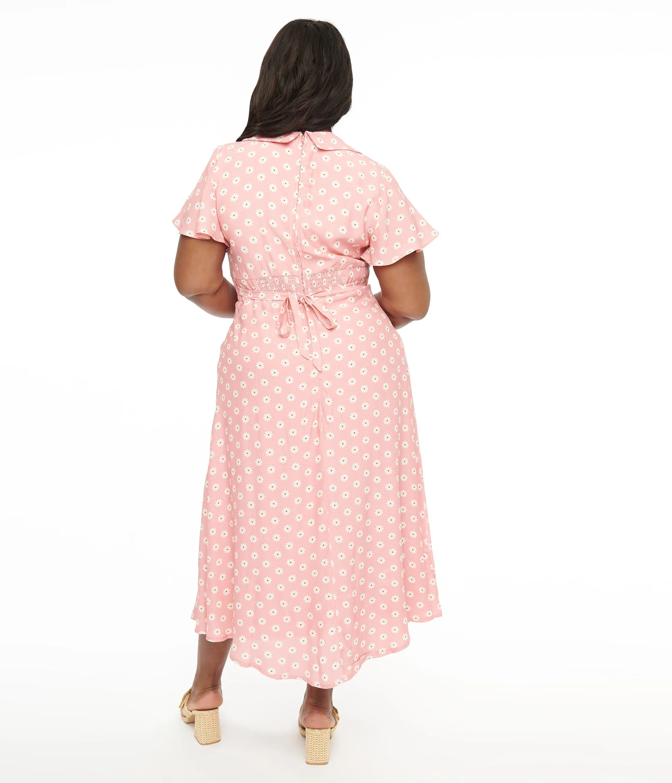 Plus Size 1930s Pink Daisy Salome Midi Dress