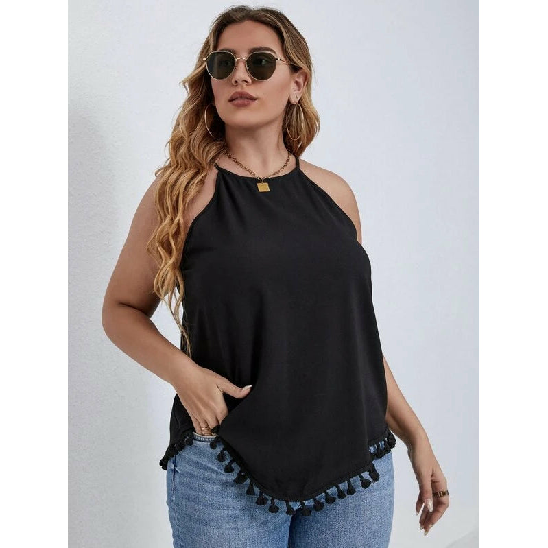 Plus size tassel hem keyhole back halter top