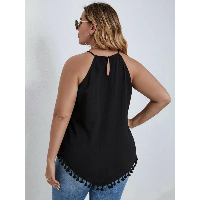 Plus size tassel hem keyhole back halter top