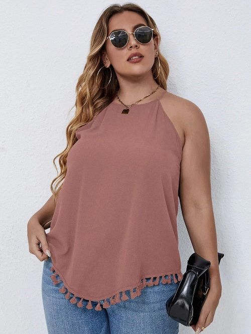 Plus size tassel hem keyhole back halter top