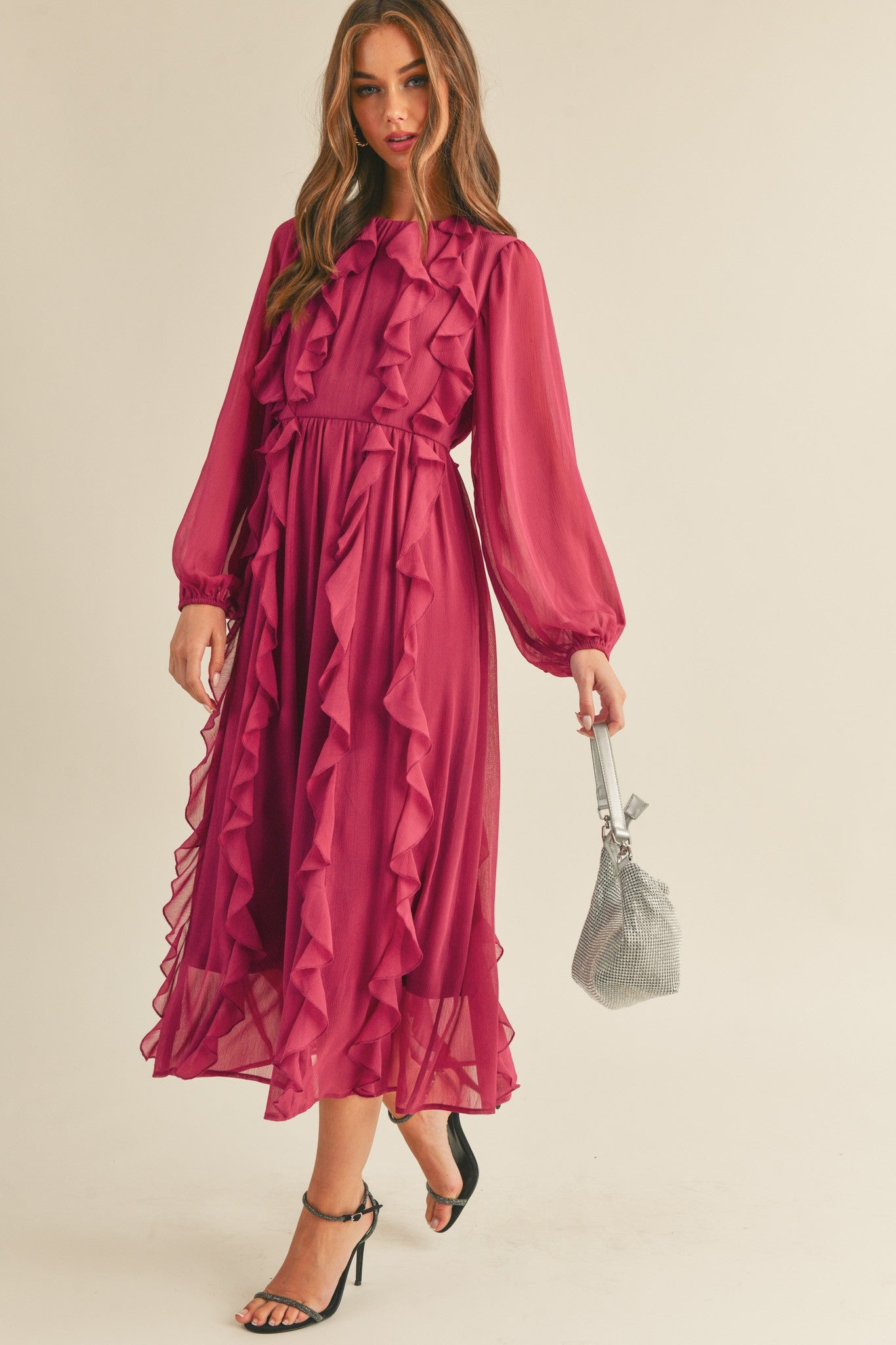 Ruffle Trim Long Sleeve Maxi