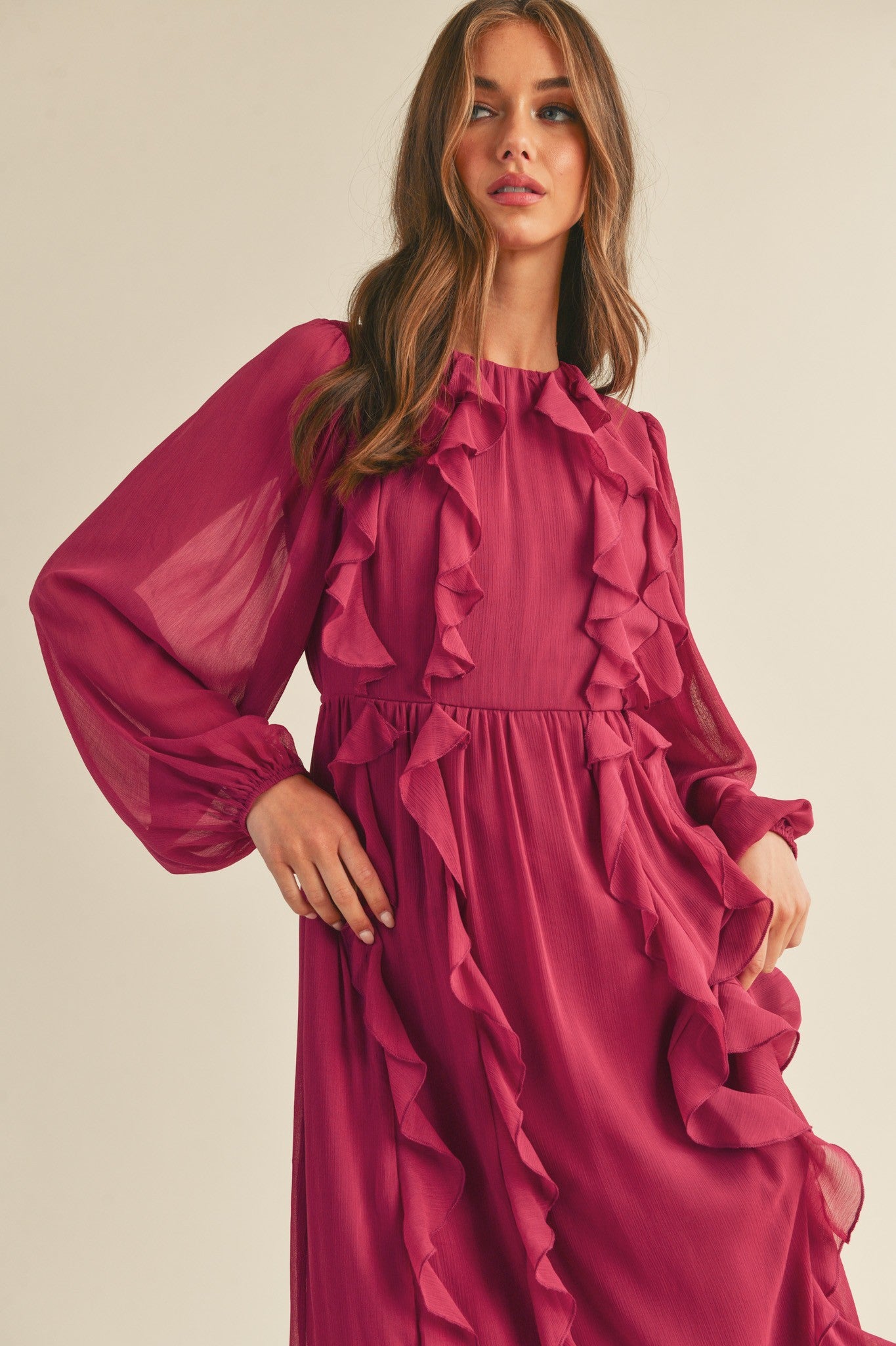 Ruffle Trim Long Sleeve Maxi