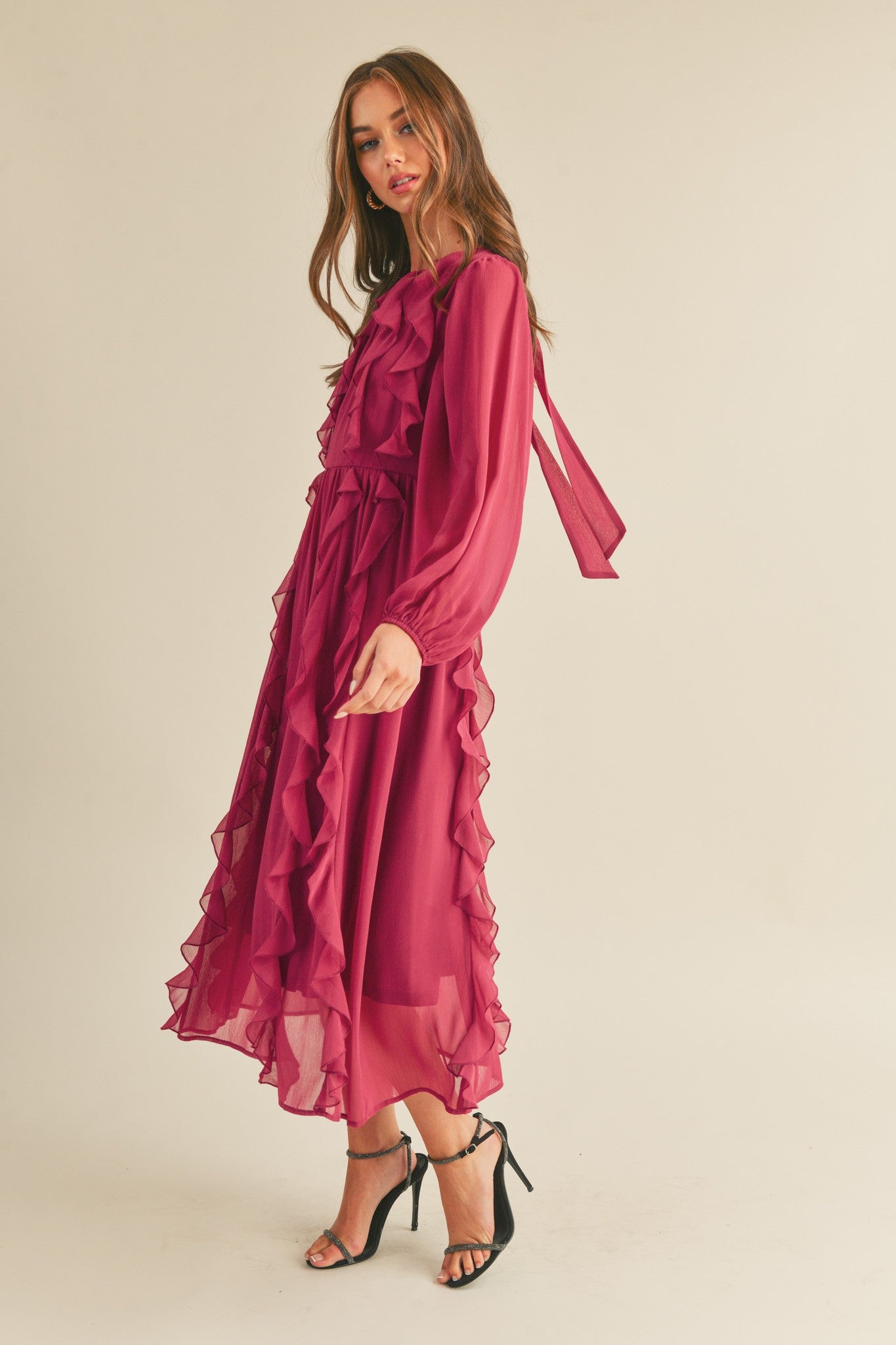 Ruffle Trim Long Sleeve Maxi