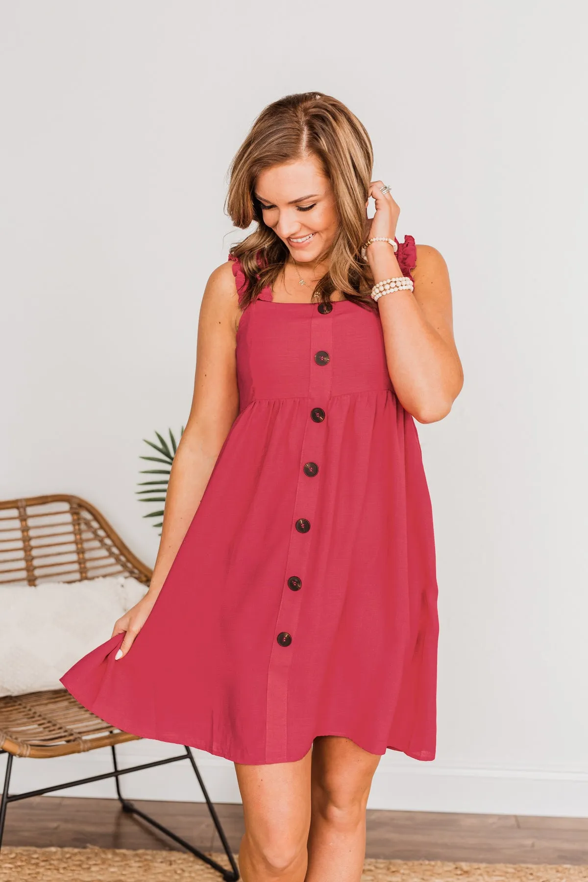 See Waves Wane Button Dress- Fuchsia