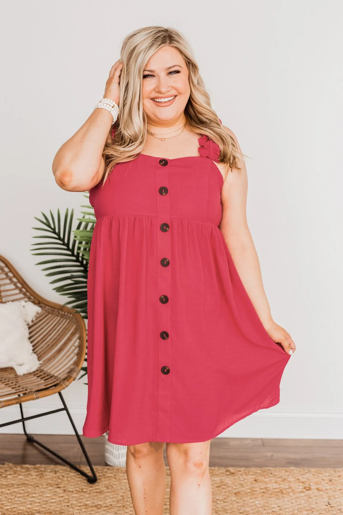 See Waves Wane Button Dress- Fuchsia