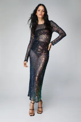 Sequin Sheer Long Sleeve Maxi Dress