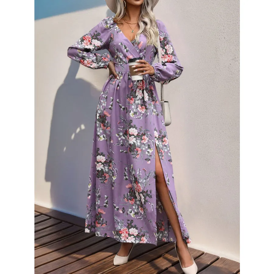 Slit Printed Surplice Long Sleeve Maxi Dress