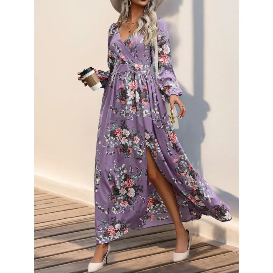 Slit Printed Surplice Long Sleeve Maxi Dress