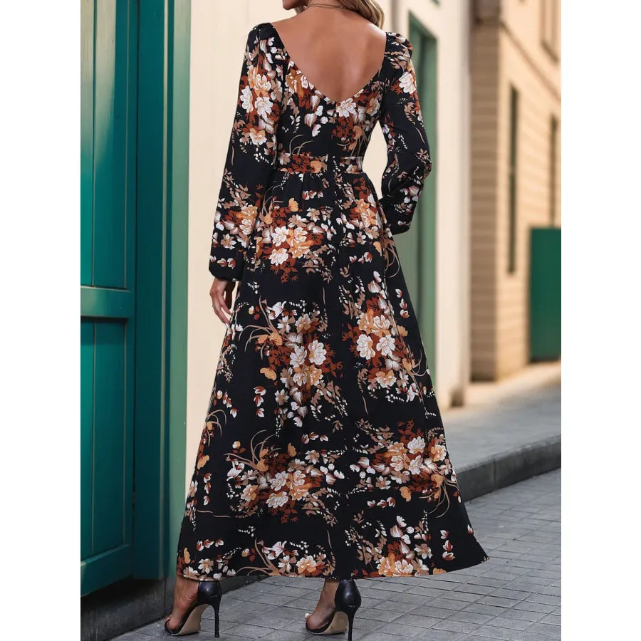 Slit Printed Surplice Long Sleeve Maxi Dress