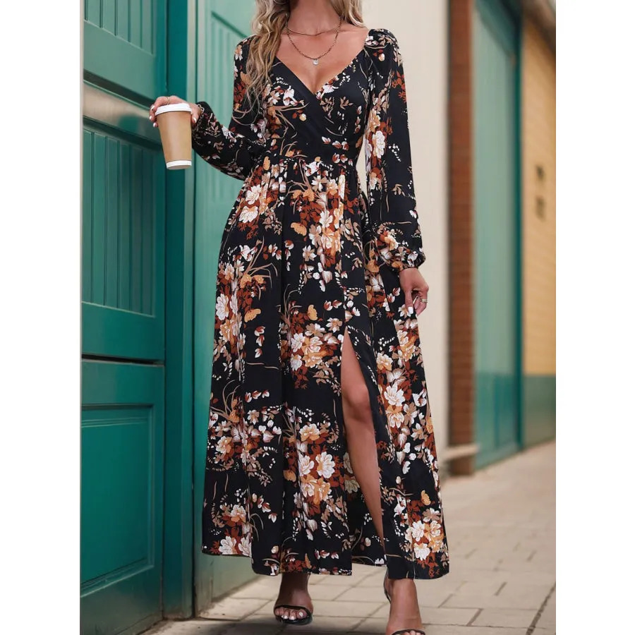 Slit Printed Surplice Long Sleeve Maxi Dress