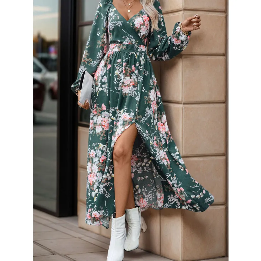 Slit Printed Surplice Long Sleeve Maxi Dress