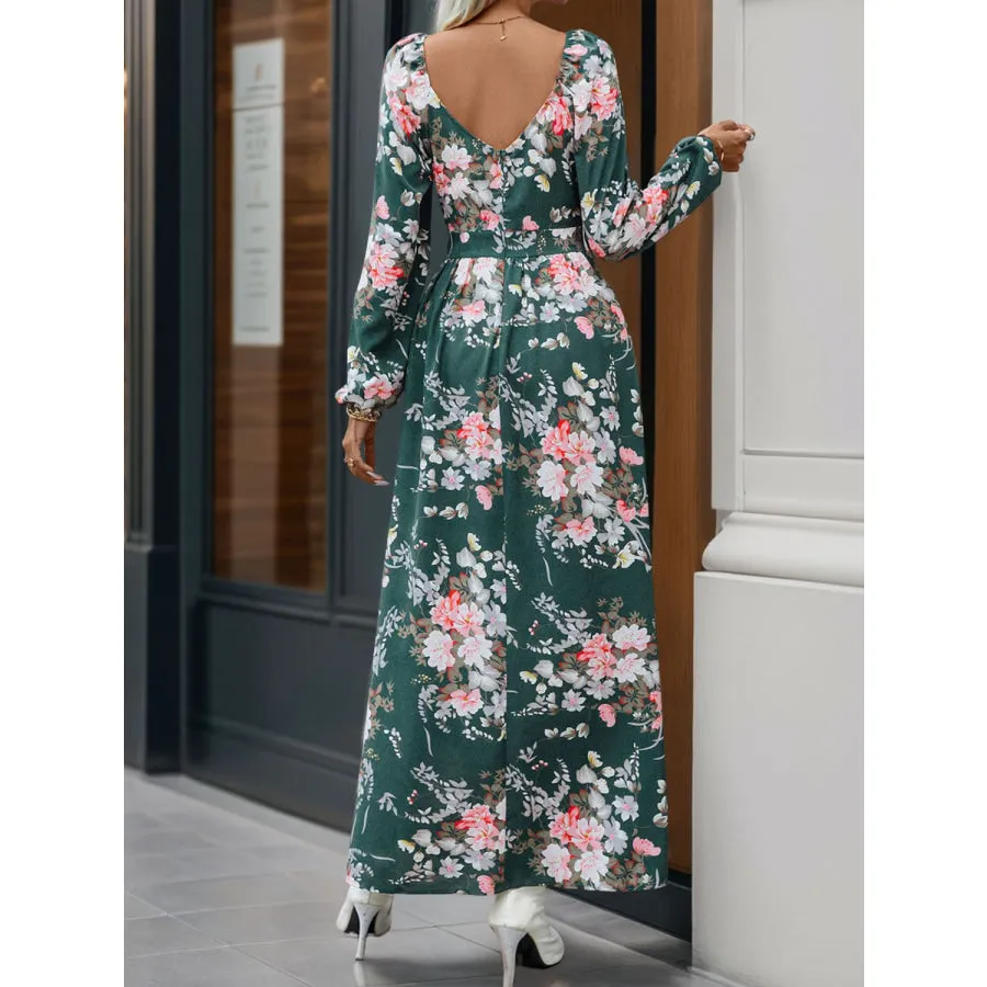 Slit Printed Surplice Long Sleeve Maxi Dress