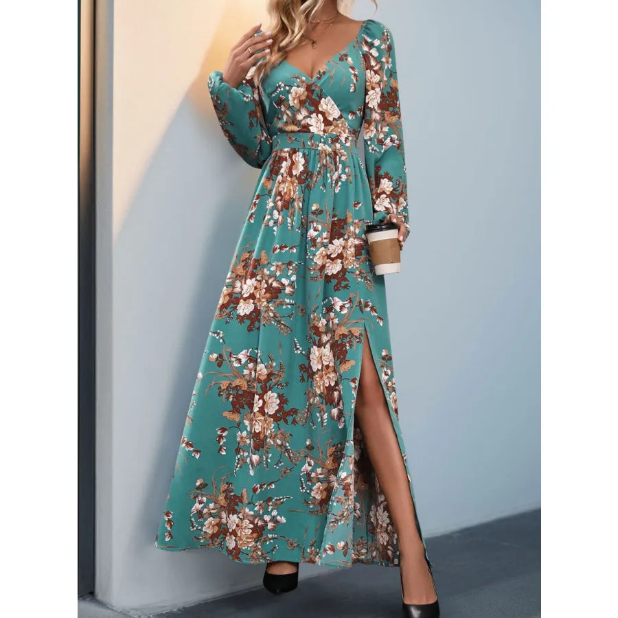 Slit Printed Surplice Long Sleeve Maxi Dress