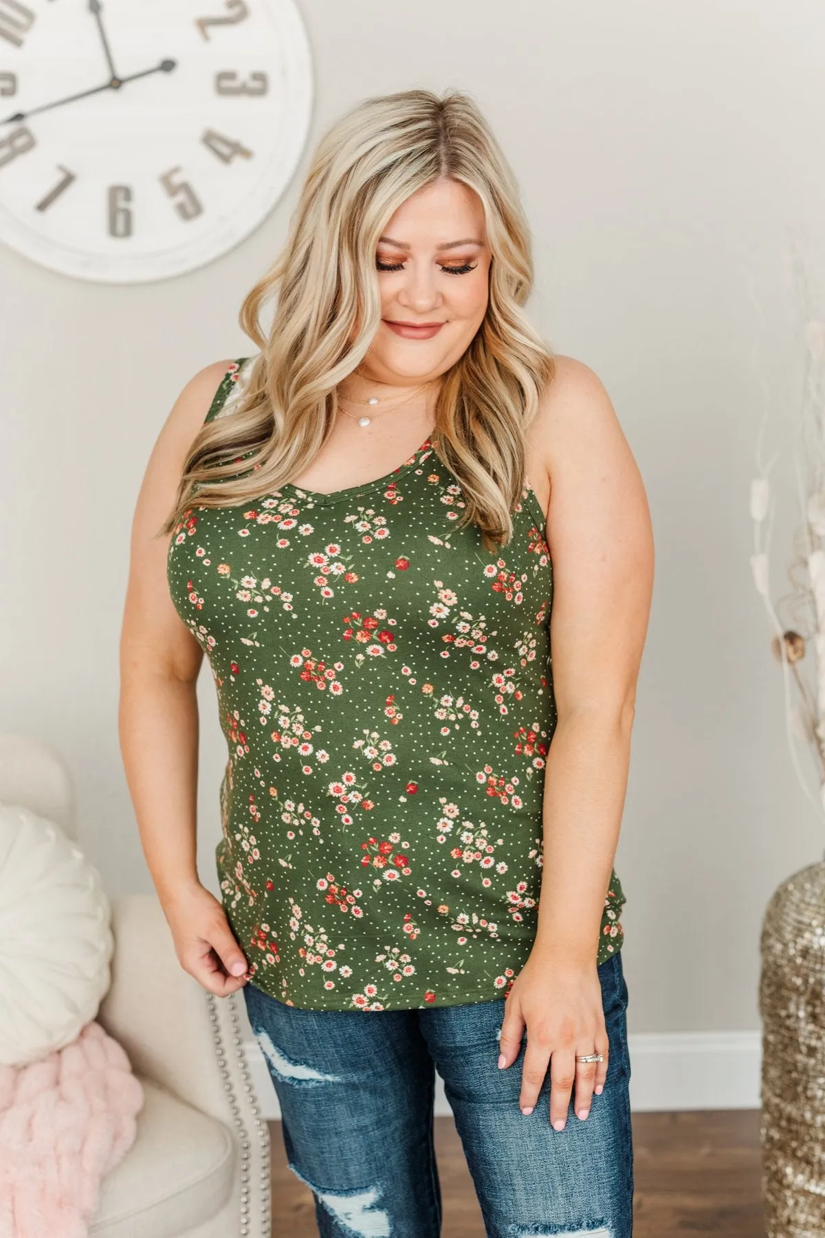 Sometime Soon Floral Tank- Olive & Ivory