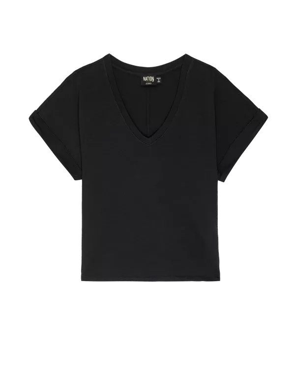 STEVIE CUFFED V-NECK TEE (JET BLACK) - NATION