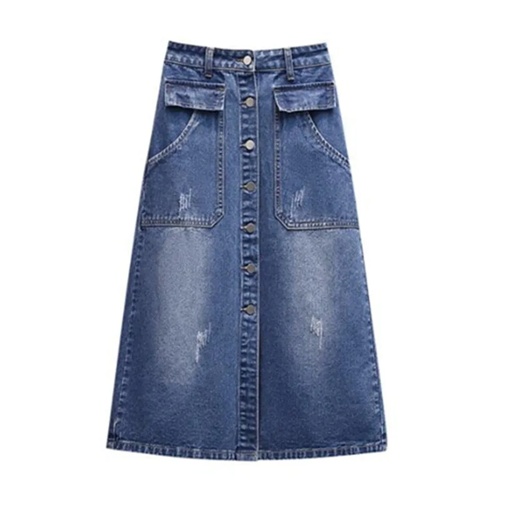 Summer Women Long Jeans Skirt Button Cargo Maxi Skirt High Waist A-Line Midi Denim Skirt