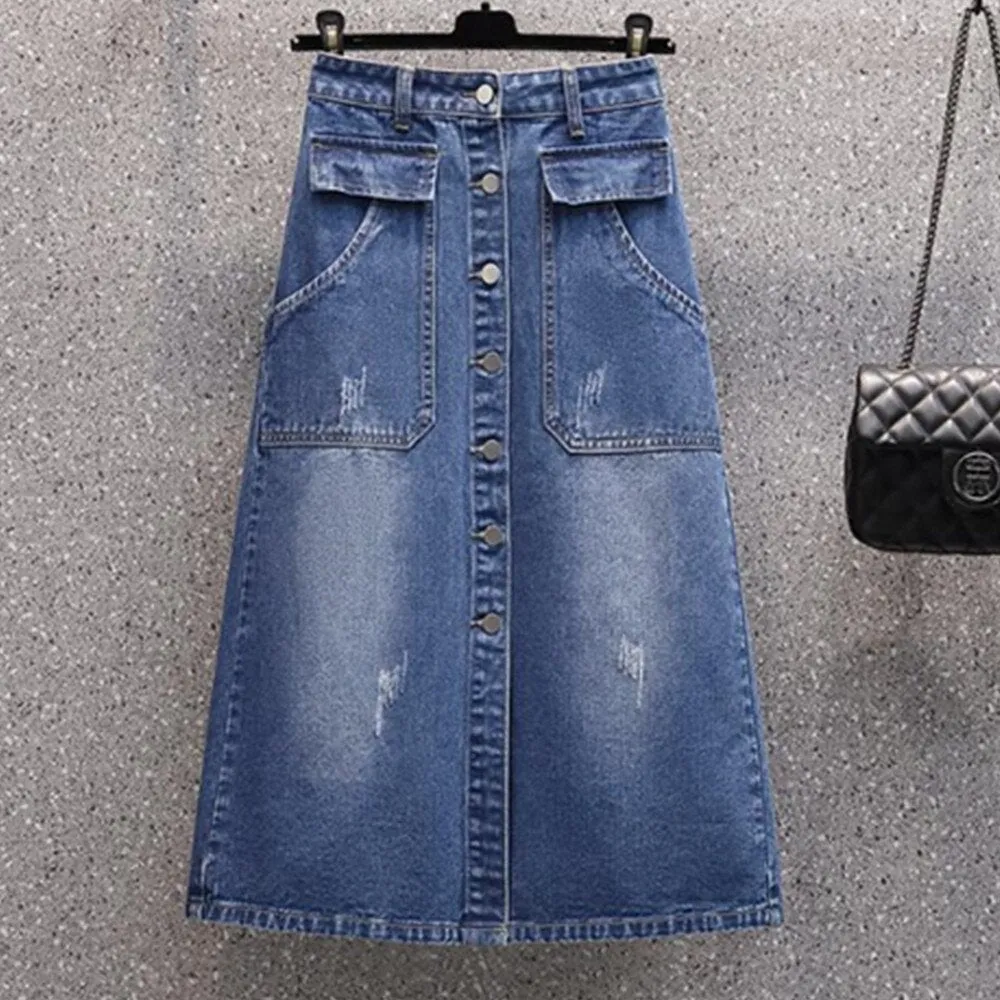 Summer Women Long Jeans Skirt Button Cargo Maxi Skirt High Waist A-Line Midi Denim Skirt