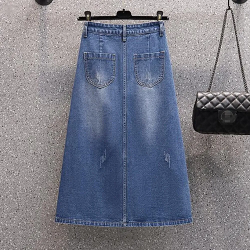 Summer Women Long Jeans Skirt Button Cargo Maxi Skirt High Waist A-Line Midi Denim Skirt