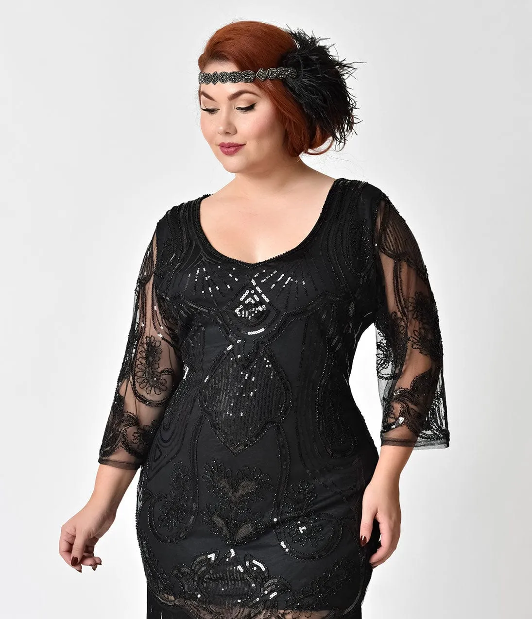 Unique Vintage Plus Size 1920s Black Beaded & Sequin Margaux Sleeved Fringe Flapper Dress