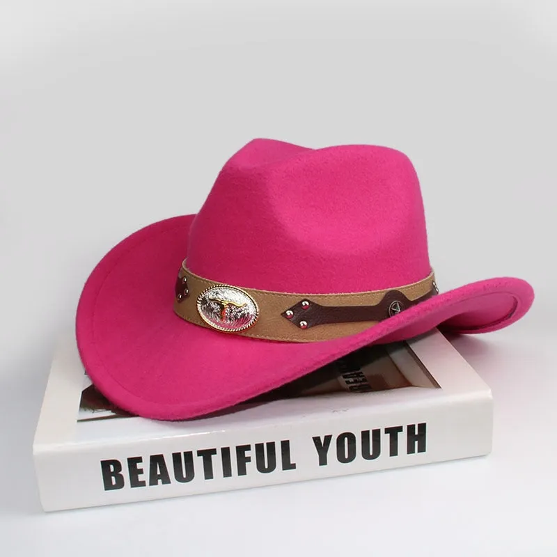 Unisex Retro Oxhead Leather Band Wide Brim Western Cowboy Hat