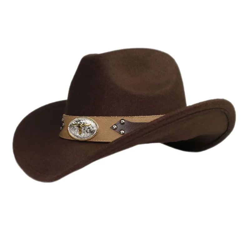 Unisex Retro Oxhead Leather Band Wide Brim Western Cowboy Hat