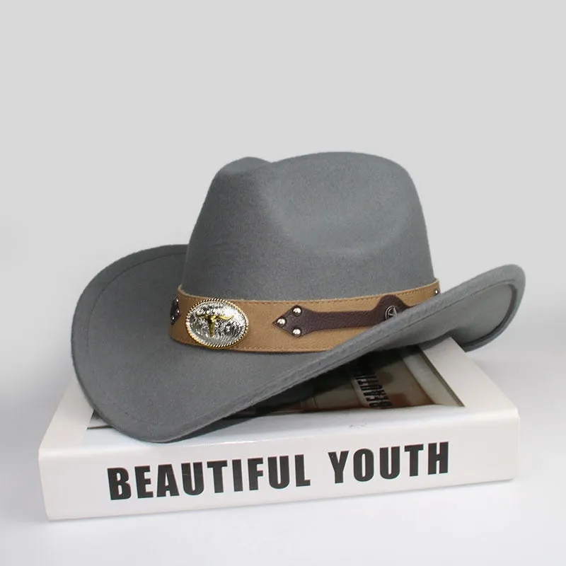 Unisex Retro Oxhead Leather Band Wide Brim Western Cowboy Hat