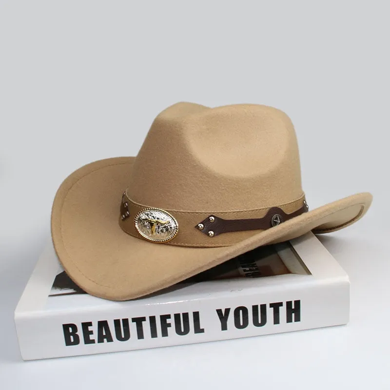 Unisex Retro Oxhead Leather Band Wide Brim Western Cowboy Hat