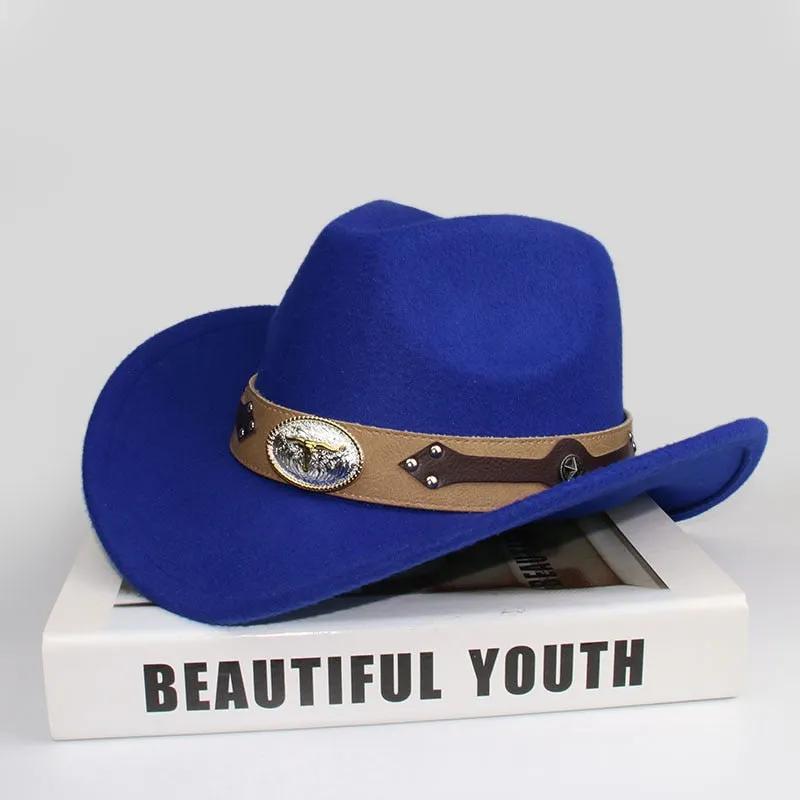 Unisex Retro Oxhead Leather Band Wide Brim Western Cowboy Hat