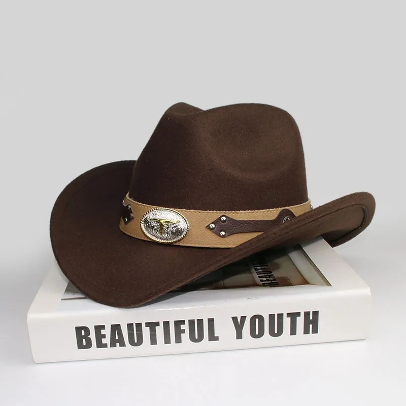 Unisex Retro Oxhead Leather Band Wide Brim Western Cowboy Hat