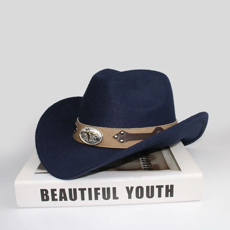 Unisex Retro Oxhead Leather Band Wide Brim Western Cowboy Hat