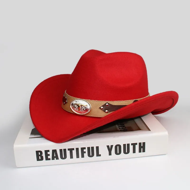 Unisex Retro Oxhead Leather Band Wide Brim Western Cowboy Hat