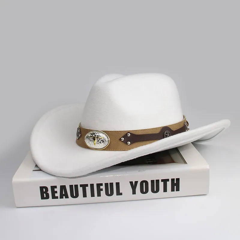 Unisex Retro Oxhead Leather Band Wide Brim Western Cowboy Hat