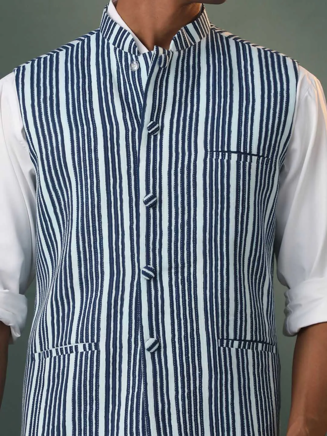 VASTRAMAY Men's Indigo Striped Kantha Stich Nehru Jacket